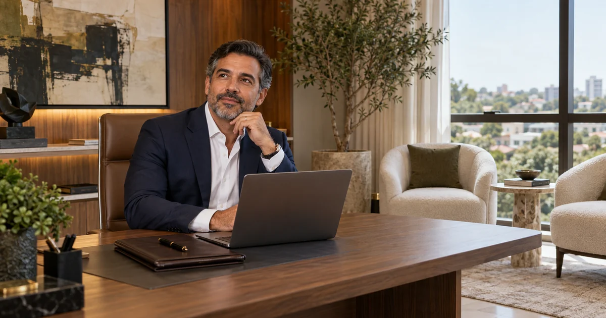 Cirurgião plástico de terno azul-marinho, pensativo, na mesa do consultório ao lado do notebook