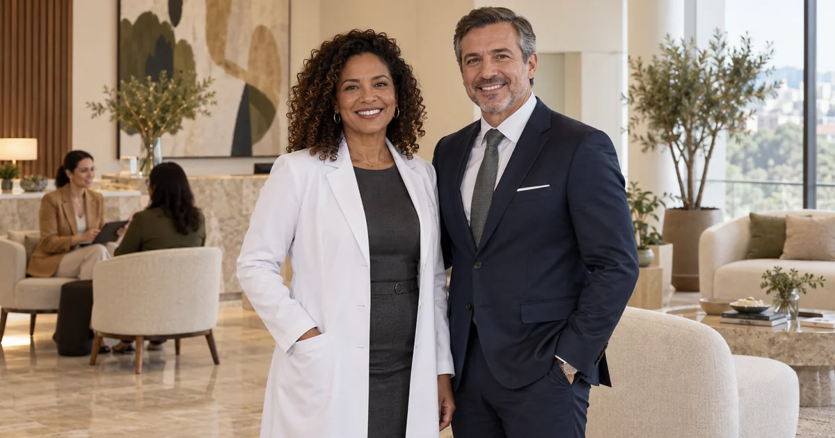 Médica de jaleco e médico de terno, sócios de uma clínica, posam juntos no lounge