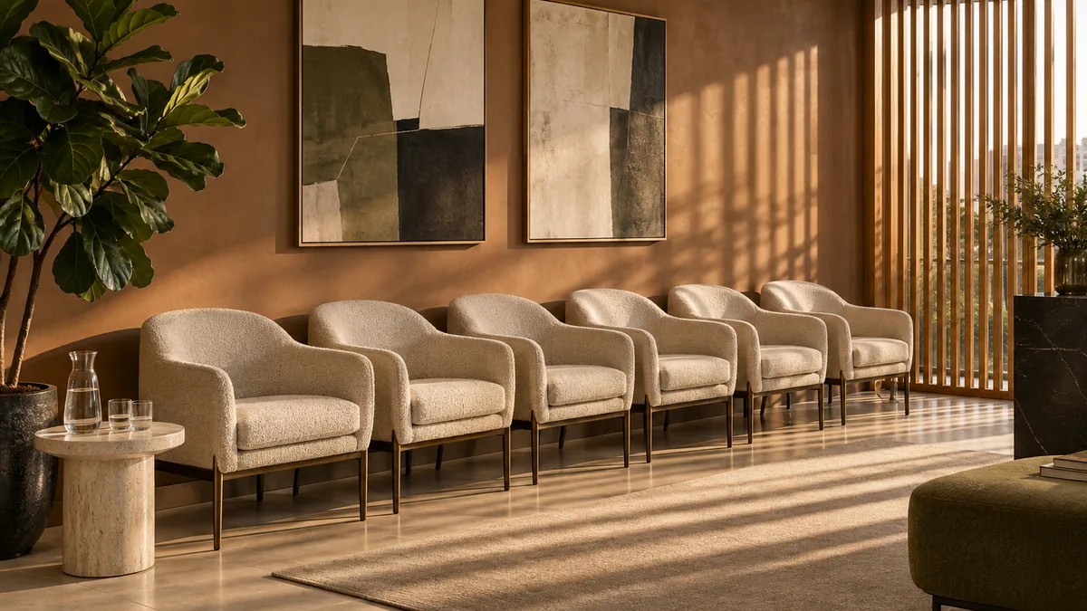 Sala de espera vazia de clínica de imagem ao fim do dia, com poltronas cor de aveia