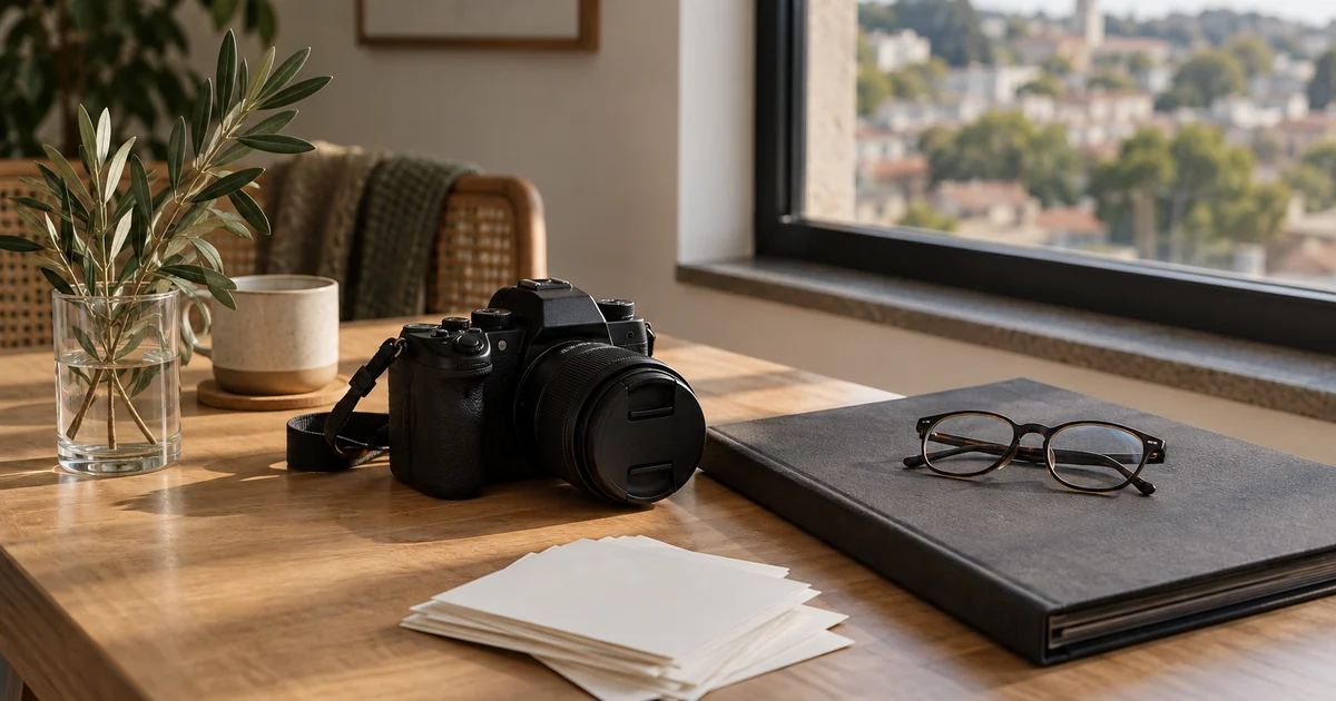 Câmera com a tampa na lente, pasta preta com óculos e fotos em branco sobre uma mesa de madeira