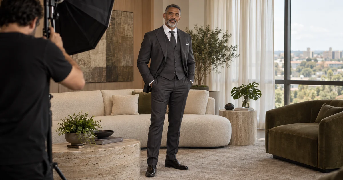 Cirurgião plástico de terno posa para uma sessão de fotos no lounge da clínica