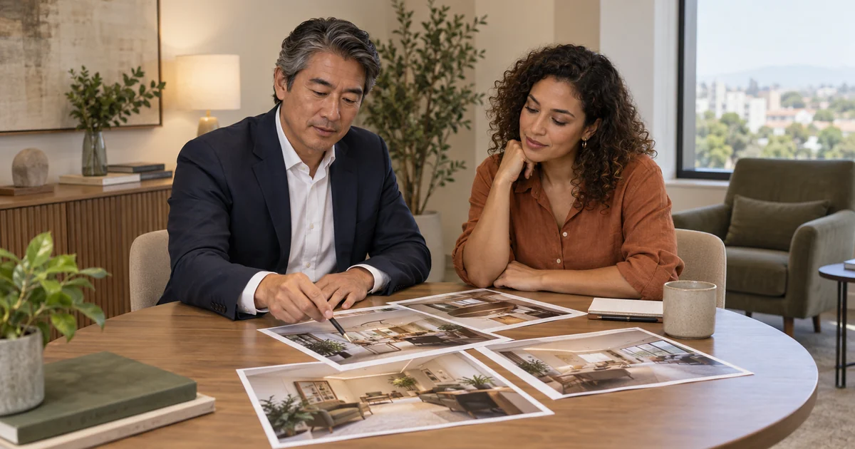 Psiquiatra de terno analisa fotos impressas do consultório com uma consultora de marketing