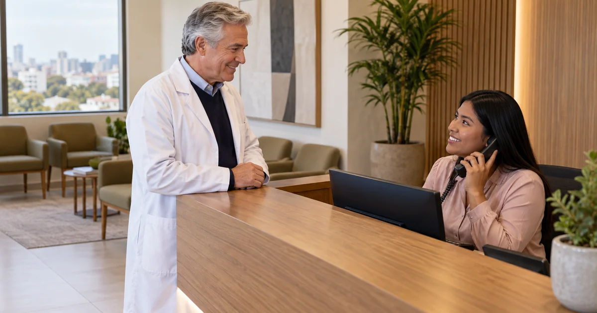 Urologista de jaleco conversa com a recepcionista, que segura o telefone, no balcão da clínica