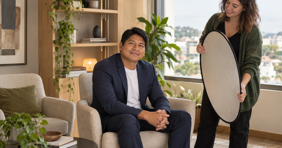 Psiquiatra de blazer sorri para uma sessão de fotos de conteúdo no consultório