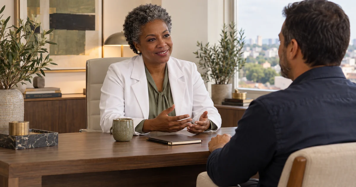 Endocrinologista de jaleco conversa com um paciente na mesa do consultório