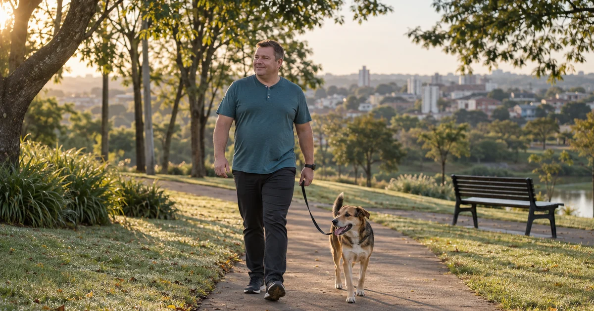 Homem de camiseta verde-petróleo caminha com o cachorro num parque arborizado, de manhã cedo