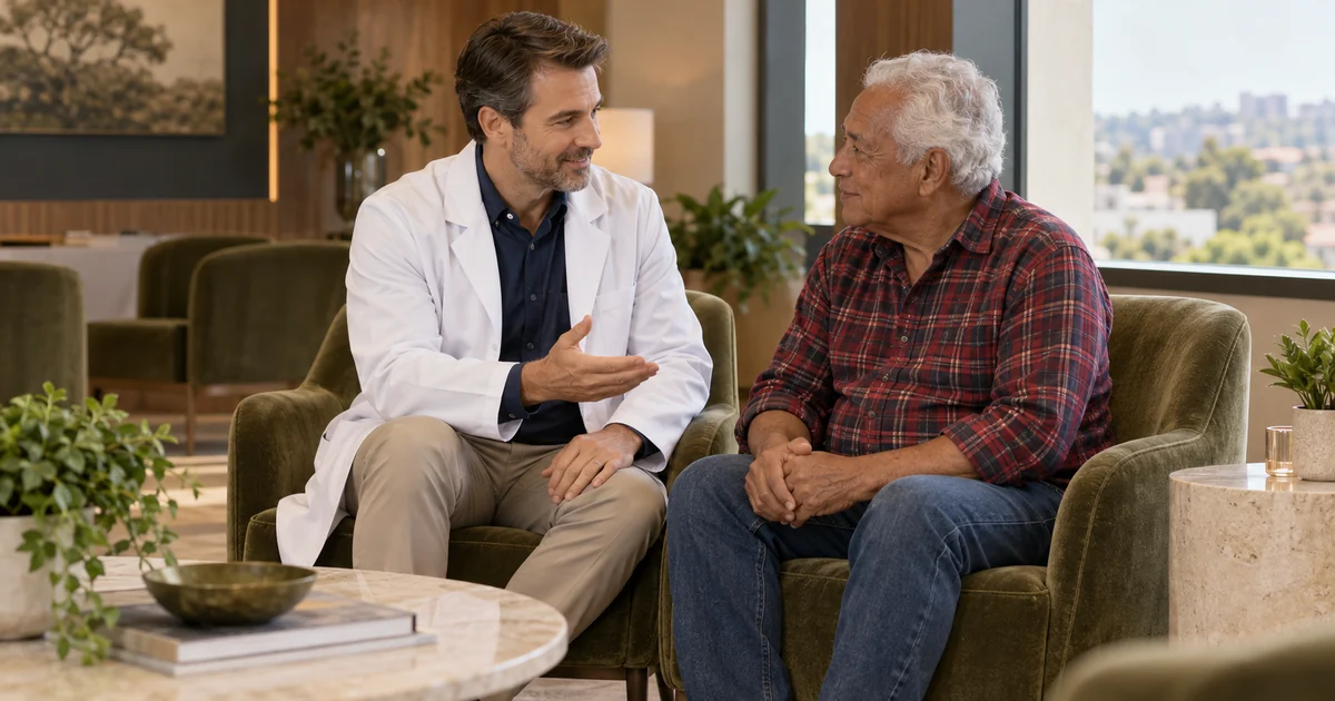 Radiologista de jaleco conversa com um paciente mais velho na sala de espera da clínica