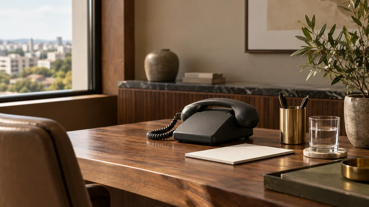 Mesa de recepção clara com telefone e caderno, em luz natural de janela