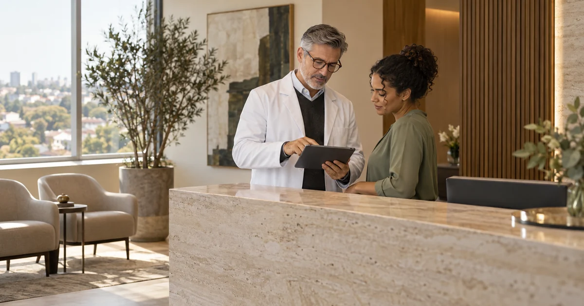 Ultrassonografista de jaleco confere a agenda do dia no tablet com a recepcionista