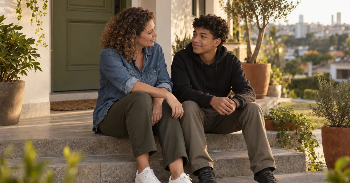 Mãe e filho adolescente conversam sentados nos degraus da frente de casa, no fim da tarde