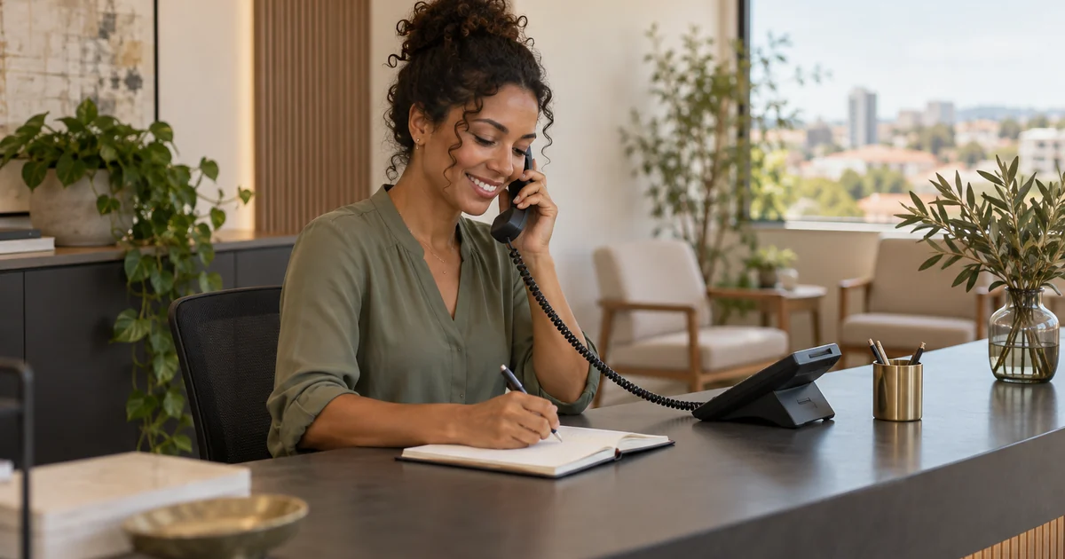 Recepcionista sorridente fala ao telefone e anota num caderno no balcão de um consultório