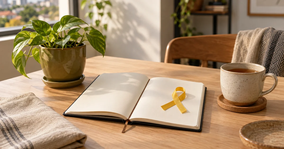 Laço amarelo sobre um caderno aberto em branco, ao lado de uma xícara de chá e de um vaso de planta
