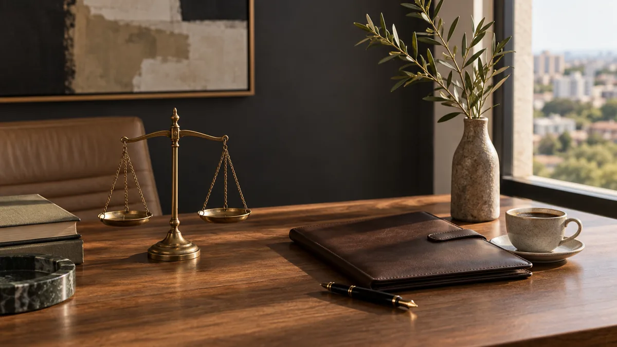Mesa de mármore claro com documento, caneta e óculos, em luz natural de janela