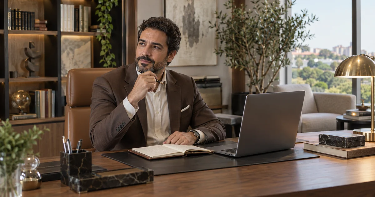 Endocrinologista de terno marrom pensa, de caneta na mão, diante do caderno aberto e do notebook