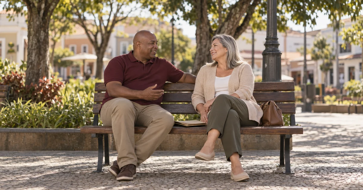 Casal de meia-idade conversa sentado num banco de praça, depois de uma consulta