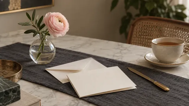Envelope e folha de papel creme sobre mármore claro ao lado de uma flor rosa-claro
