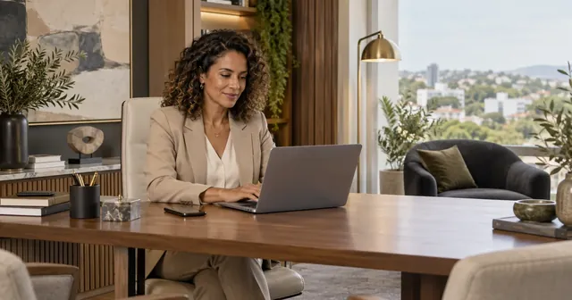 Urologista de terninho trabalha no notebook na mesa do consultório