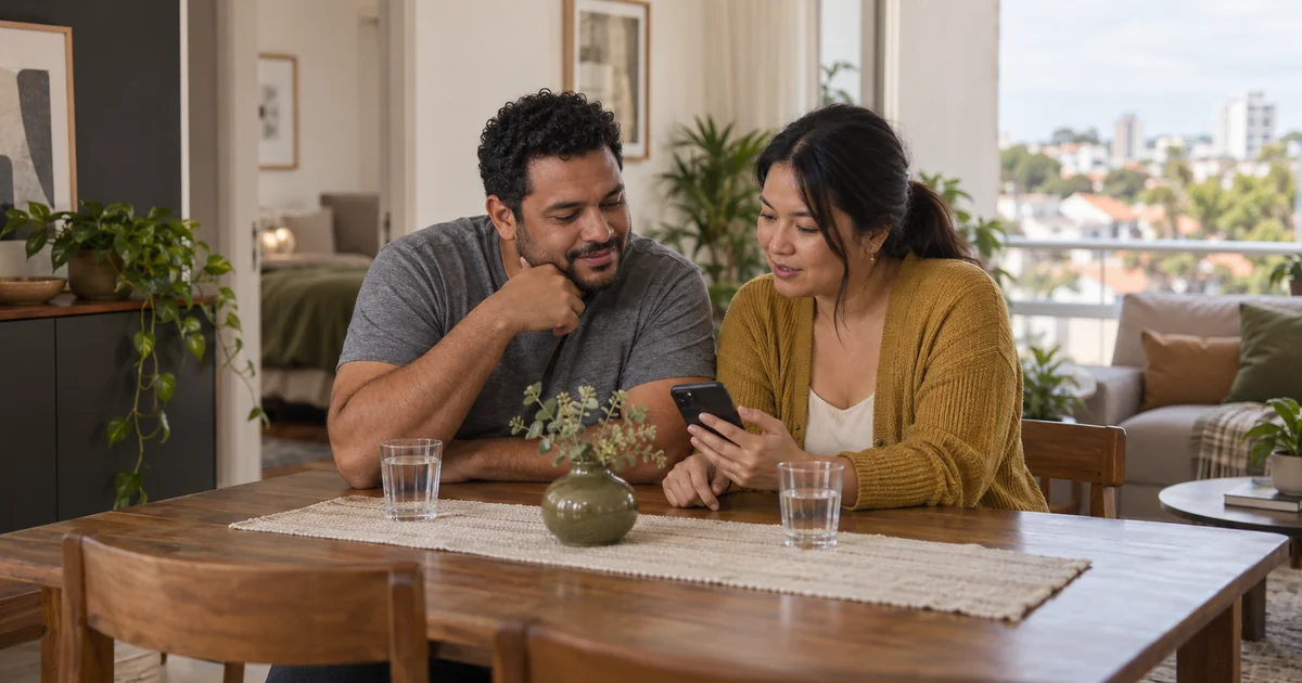 Casal conversa na mesa de jantar olhando juntos o celular, numa tarde de domingo