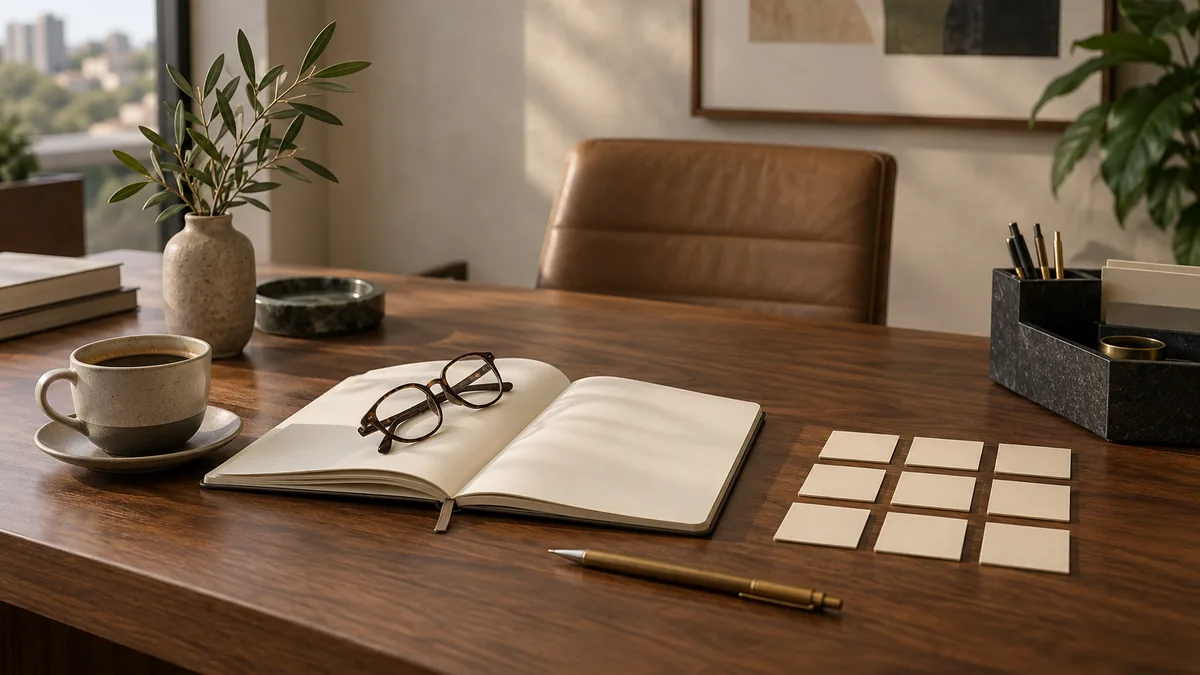 Caderno em branco com nove lembretes dispostos em grade sobre uma mesa de madeira