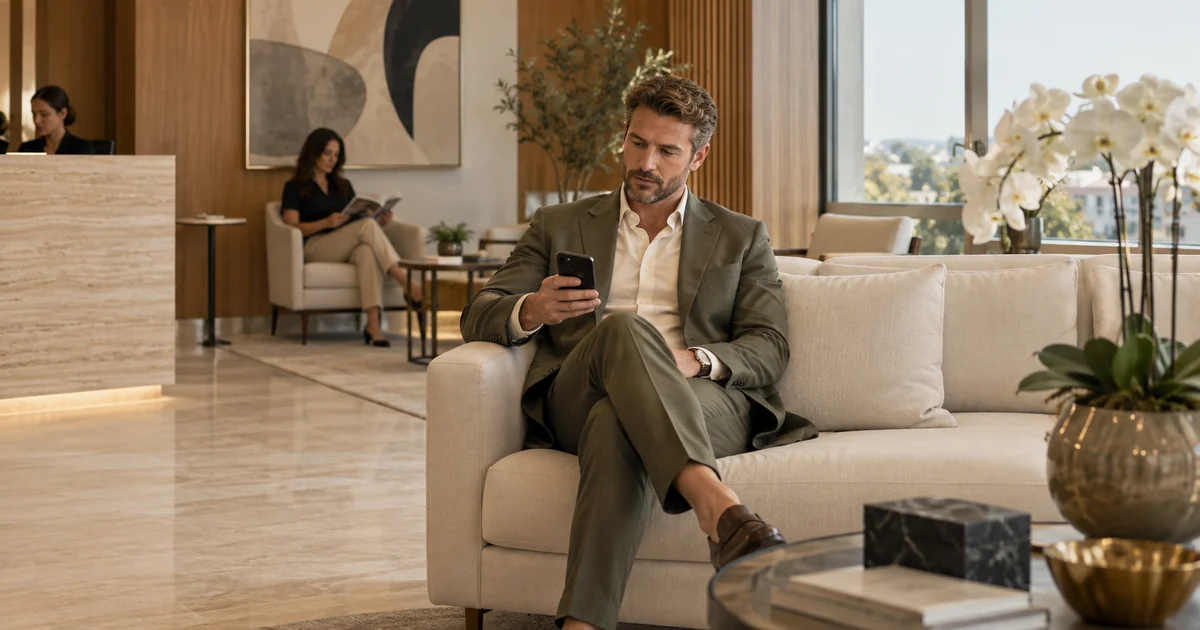 Cirurgião plástico de terno oliva olha o celular, pensativo, no sofá da sala de espera