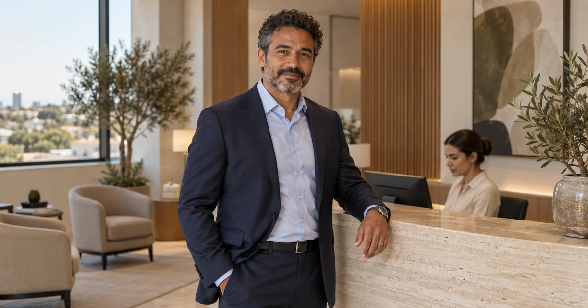 Radiologista de terno azul-marinho ao lado do balcão de recepção da clínica de radiologia