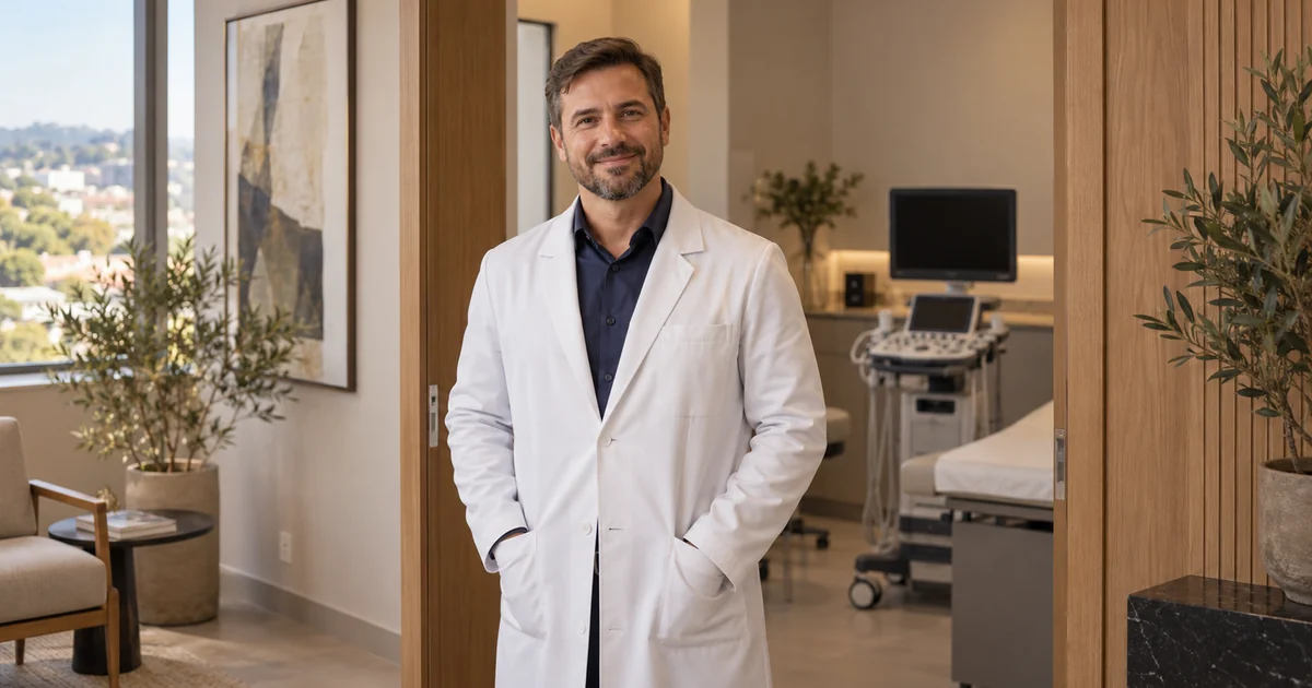 Médico ultrassonografista de jaleco na porta da sala de ultrassom da clínica