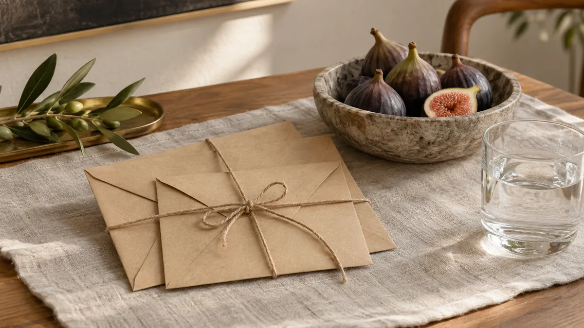 Mesa clara com pasta organizadora, caderno e caneta, em luz natural de janela