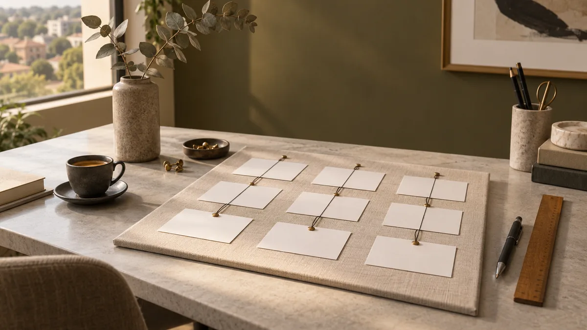 Fichas brancas em branco organizadas em colunas e ligadas por linhas sobre uma mesa clara