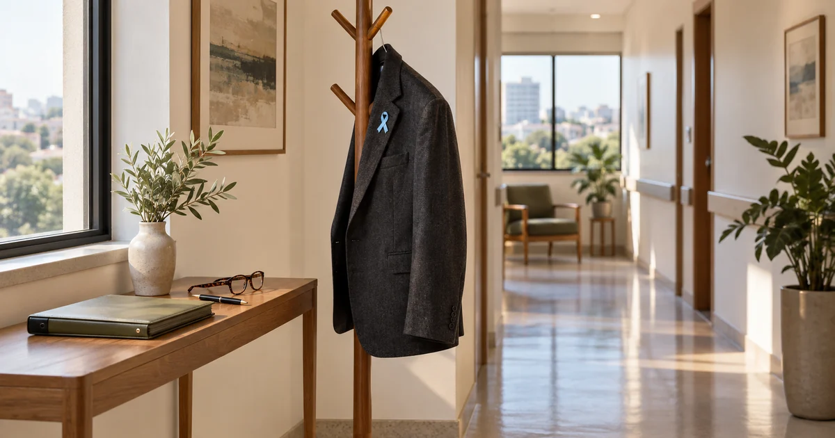 Blazer escuro com laço azul-claro na lapela, pendurado num cabideiro no corredor de um consultório