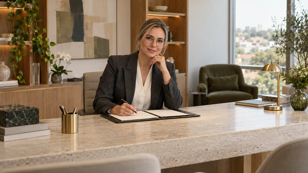 Dona de clínica de imagem de blazer grafite analisa uma pasta de papéis numa mesa de travertino