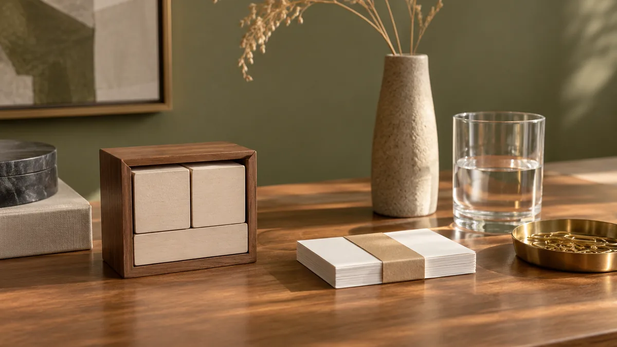 Bloco de calendário sem números ao lado de fichas em branco sobre uma mesa de carvalho