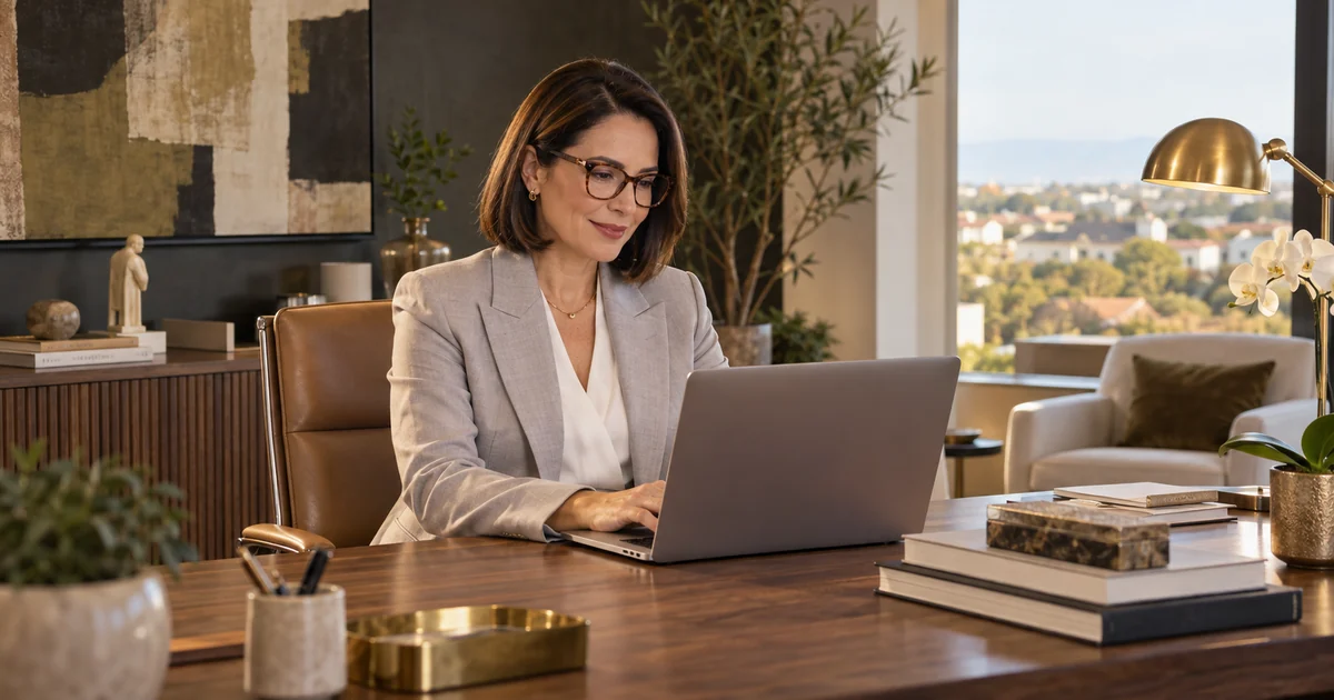 Cirurgiã plástica de terninho cinza-claro digita no notebook, curiosa, na mesa do consultório