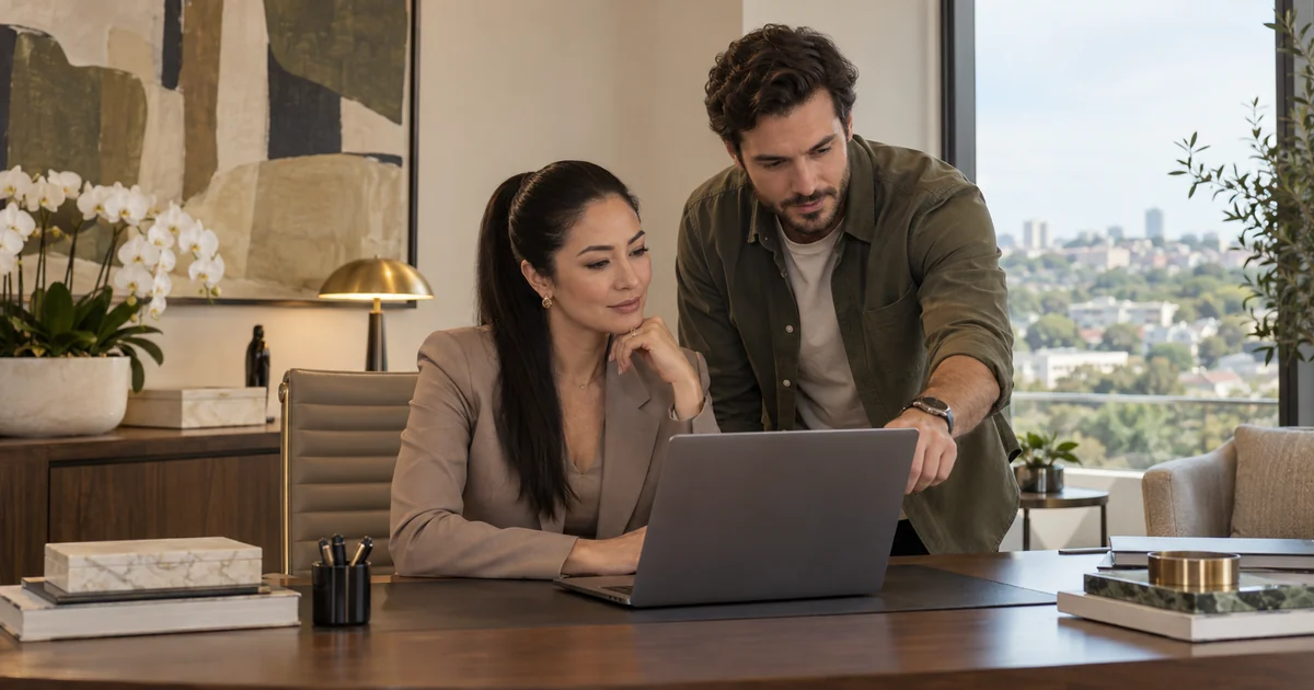 Cirurgiã plástica de terninho avalia o novo site no notebook com o web designer