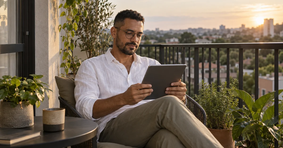 Homem de óculos e camisa de linho branca lê num tablet na varanda, ao pôr do sol