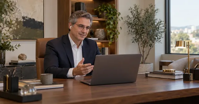 Psiquiatra de terno atende por teleconsulta no notebook do consultório