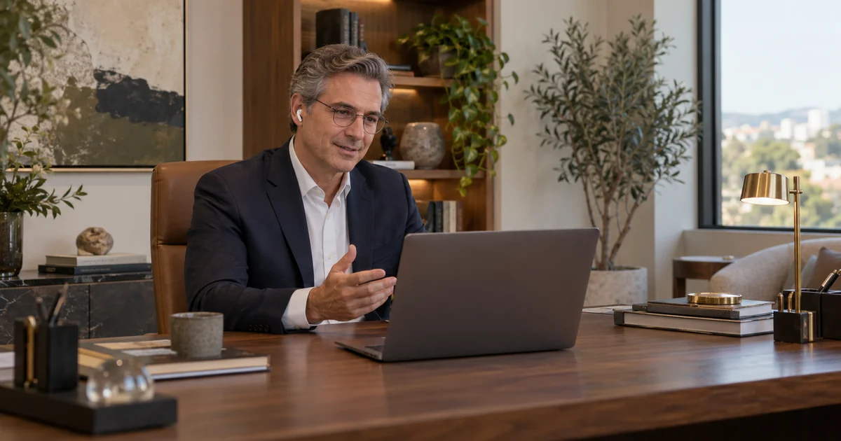 Psiquiatra de terno atende por teleconsulta no notebook do consultório
