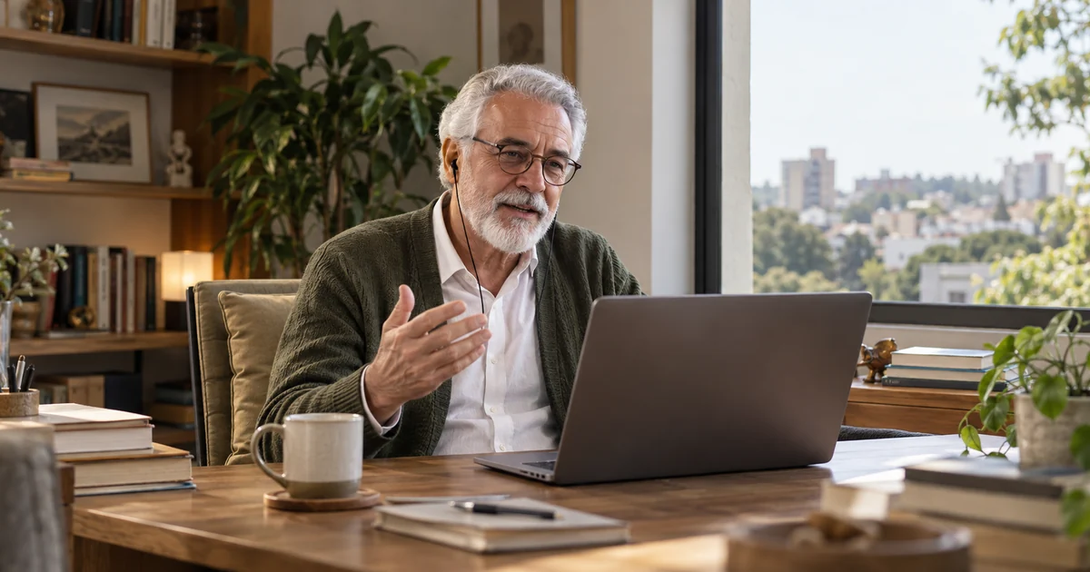 Homem de barba branca e óculos conversa pelo notebook, de fone de ouvido, no escritório de casa