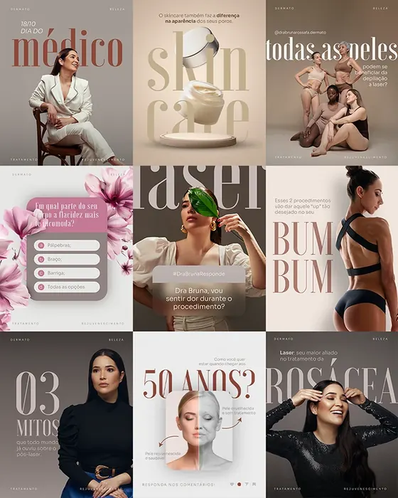 Artes de Instagram criadas pela Tribo para a Dra. Bruna Rossafa, dermatologia