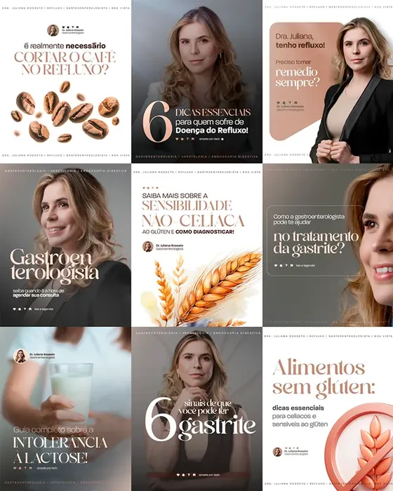 Artes de Instagram criadas pela Tribo para a Dra. Juliana Rosseto, gastroenterologia