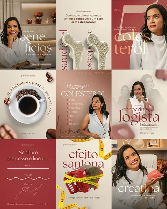 Artes de Instagram criadas pela Tribo para a Dra. Linajulia Veloso, endocrinologia