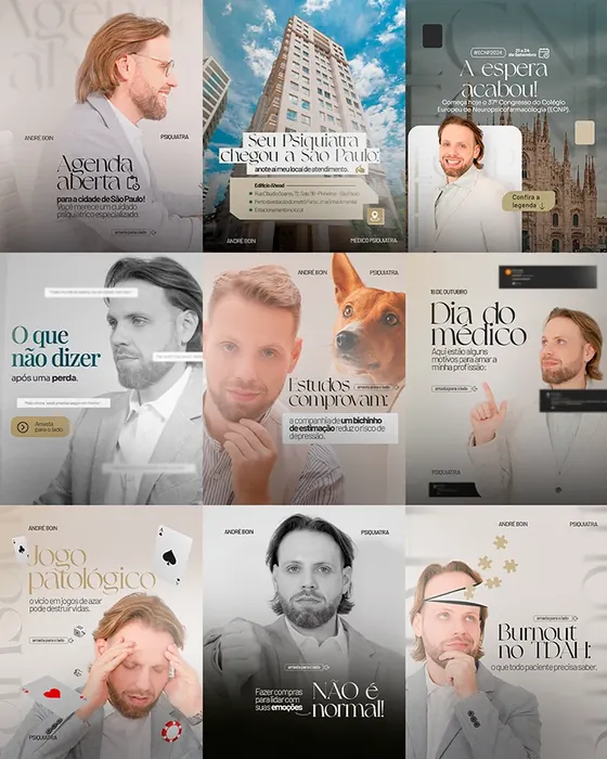 Feed do Instagram do Dr. André Boin, psiquiatria, com identidade visual criada pela Tribo Marketing Médico