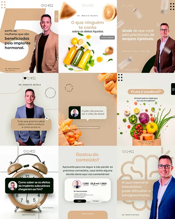 Feed do Instagram do Dr. Marcio Nutels, nutrologia, com identidade visual criada pela Tribo Marketing Médico